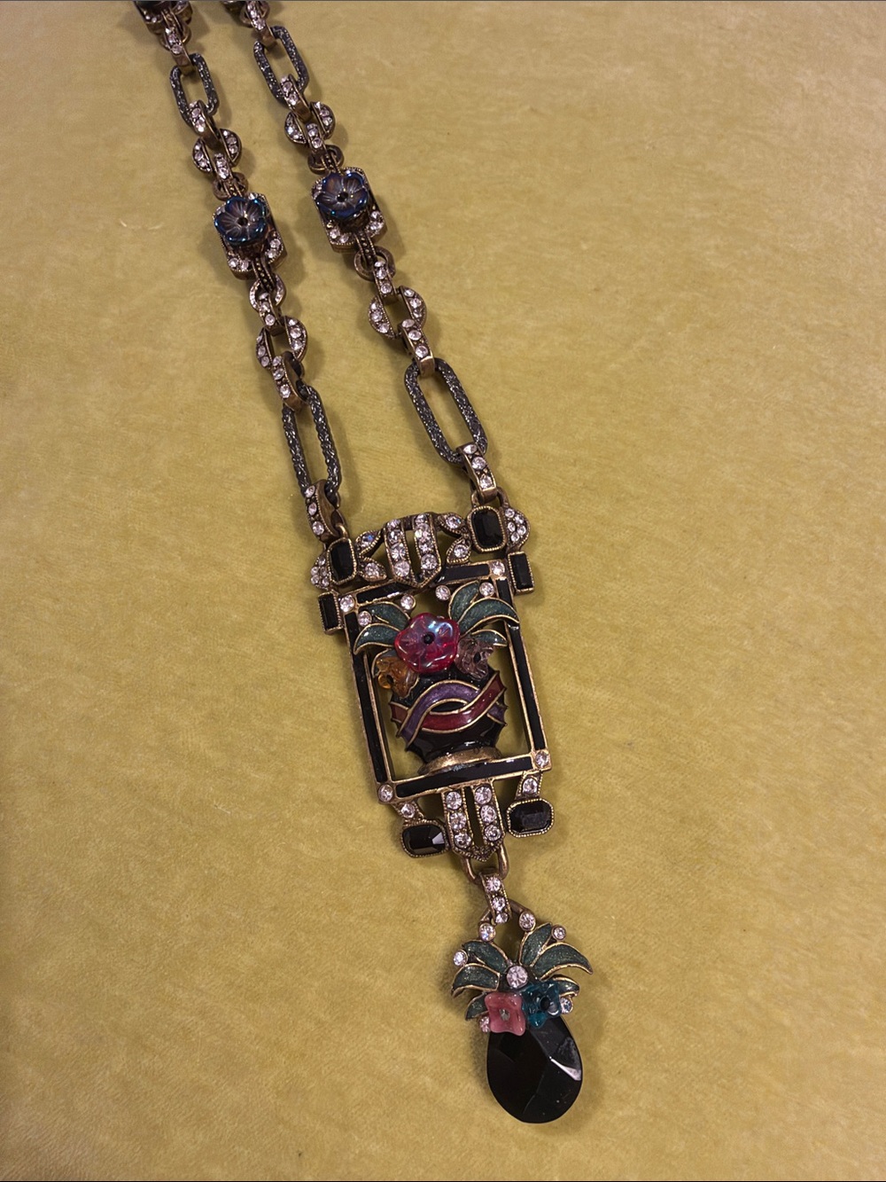 Sweet Romance Art Deco Enamel Gold-Tone Multicolor Floral Drop Necklace